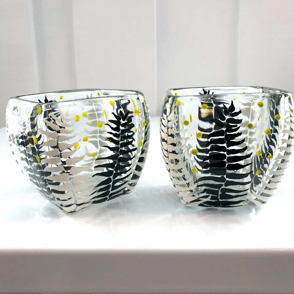 Hand painted Black and Yellow Fern Glass Vase